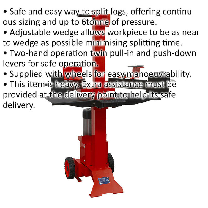6 Tonne Vertical Log Splitter - 550mm Capacity - Adjustable Wedge - 3000W Motor Loops
