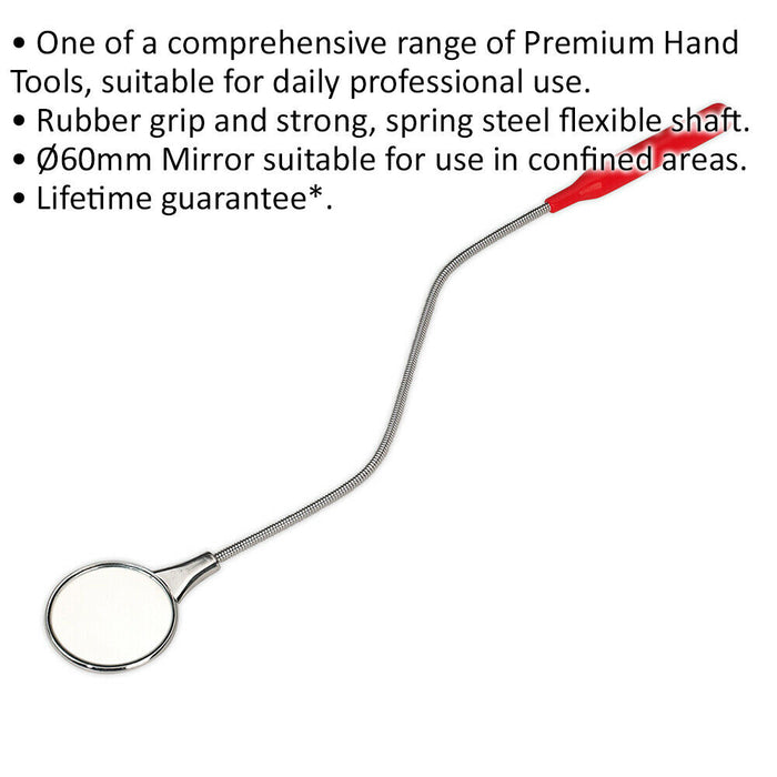 485mm Flexible Steel Shaft Inspection Mirror - Round 60mm Mirror - Rubber Grip Loops