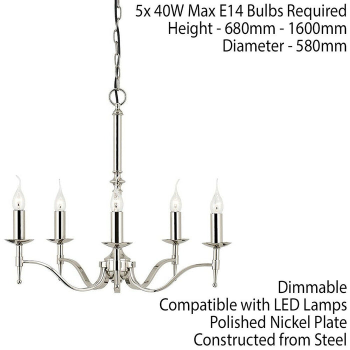 Avery Ceiling Pendant Chandelier Light 5 Lamp Bright Nickel Curved Candelabra Loops