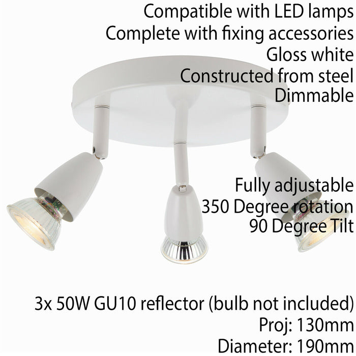 LED Adjustable Ceiling Spotlight Gloss White Triple GU10 Dimmable Downlight Loops