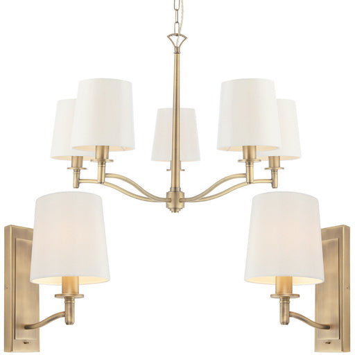 5 Bulb Ceiling Pendant Lamp & 2x Matching Wall Light Matt Antique Brass & Shade Loops