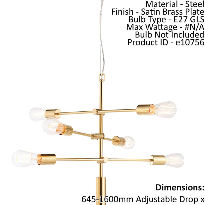 Ceiling Pendant Light Satin Brass Plate 6x60W E27 Dimmable Multi Arm Lamp Loops