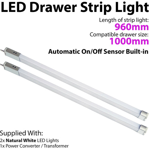 2x 1000mm LED Drawer Strip Light AUTO ON/OFF PIR SENSOR Kitchen Cupboard Door Loops