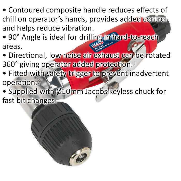 Air Operated Angle Drill - 10mm Keyless Chuck - Safety Trigger - 1/4" BSP Inlet Loops