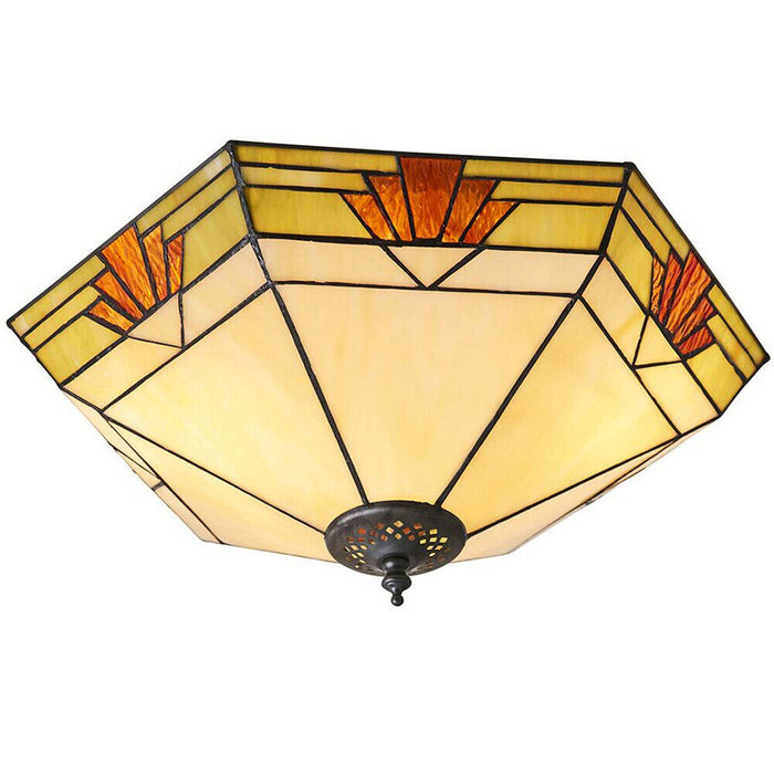 Tiffany Glass Semi Flush Ceiling Light Cream & Red Inverted Hex Shade i00058 Loops