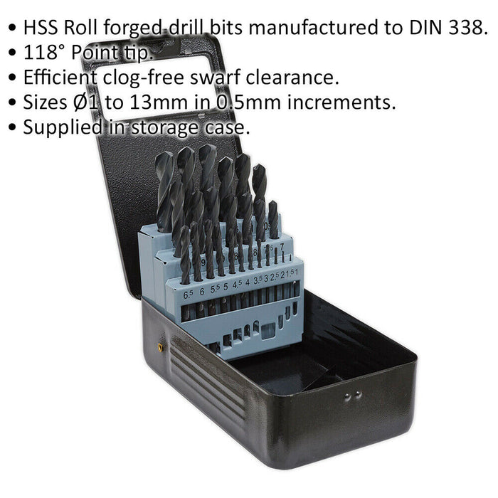 25 Piece Roll Forged HSS Drill Bit - 1mm to 13mm - 118 Degree Point Tip - Case Loops