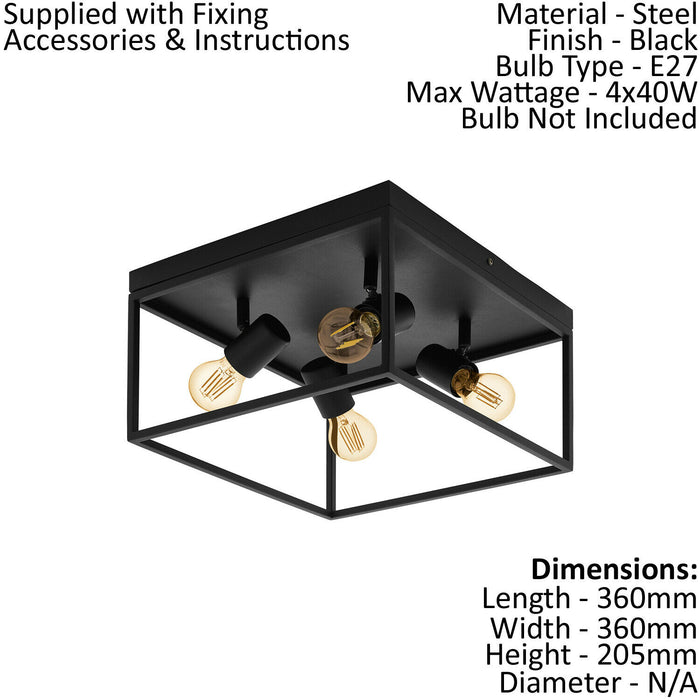 Flush Ceiling Light Colour Black Open Metal Frame Box & Holders Bulb E27 4x40W Loops