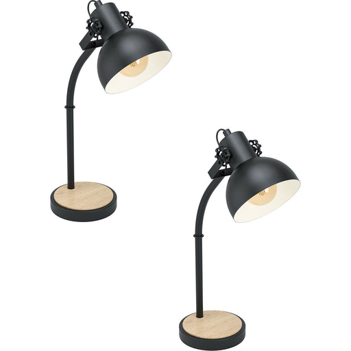 2 PACK Curved Table Lamp Desk Light Black Steel Shade & Wood Base 1x 28W E27 Loops