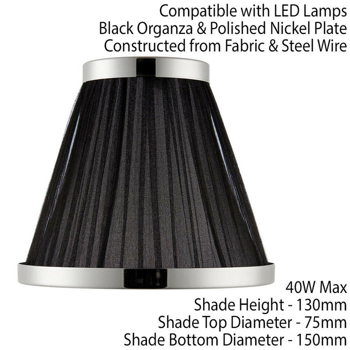 6" Luxury Round Tapered Lamp Shade Black Pleated Organza Fabric & Bright Nickel Loops