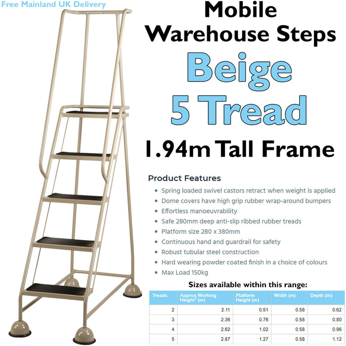 5 Tread Mobile Warehouse Steps BEIGE 1.94m Portable Safety Ladder & Wheels Loops