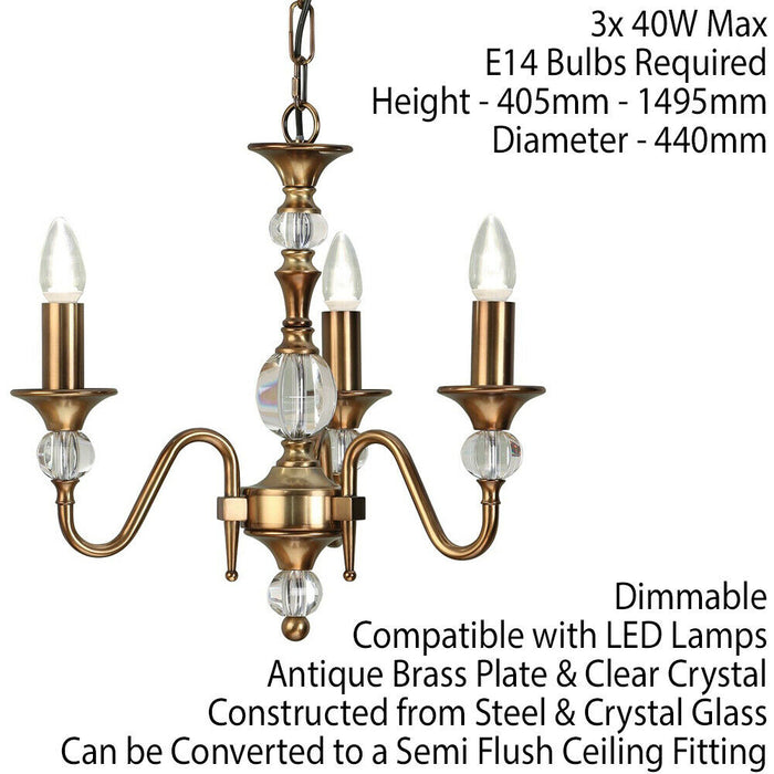 Diana Ceiling Pendant Chandelier Antique Brass & K9 Crystal Curved 3 Lamp Light Loops