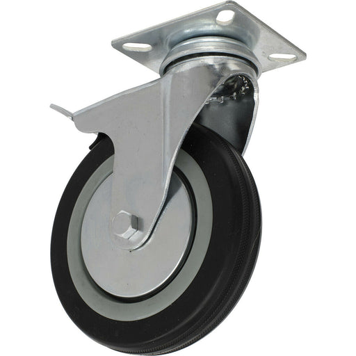 125mm Swivel Plate Castor Wheel with Brake - 27mm Rubber Tread - Steel Centre Loops
