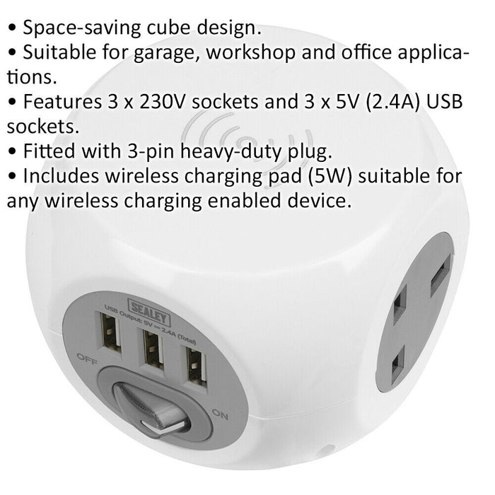 1.4m Extension Cable Cube - 3 x 230V Sockets - 5W Wireless Charging Pad & USB Loops