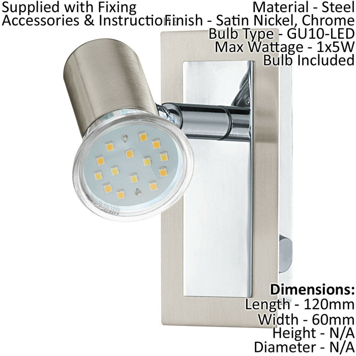 Wall Light Colour Satin Nickel Chrome Plated Rocker Switch Bulb GU10 1x5W Loops