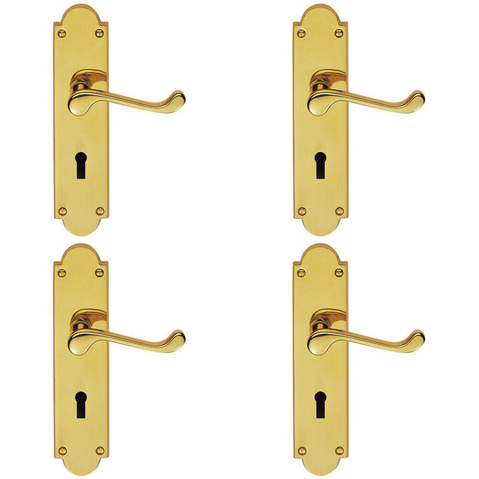 4x PAIR Victorian Scroll Handle on Lock Backplate 205 x 49mm Polished Brass Loops