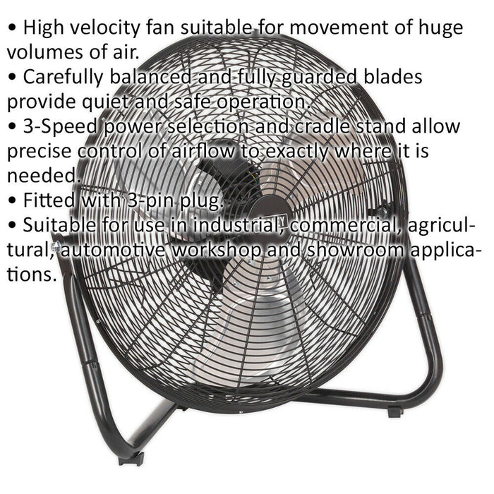 18" Industrial High Velocity Floor Fan - 3 Speed Settings - Tilting Stand - 230V Loops