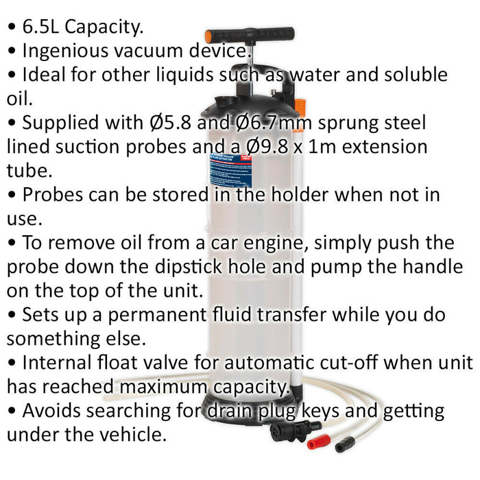 6.5L Manual Vacuum Oil & Fluid Extractor - 2 Suction Probes & Extension Tube Loops