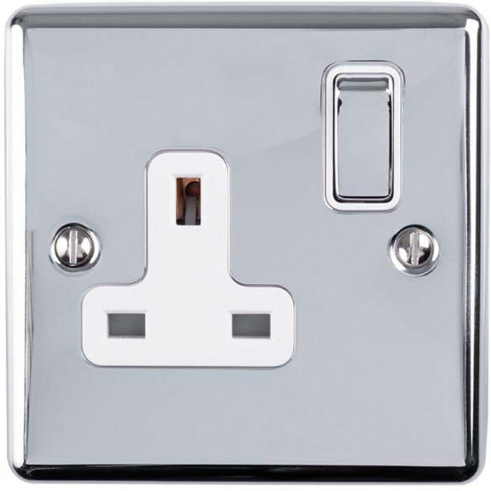 1 Gang Single UK Plug Socket POLISHED CHROME & White 13A Switched Power Outlet Loops