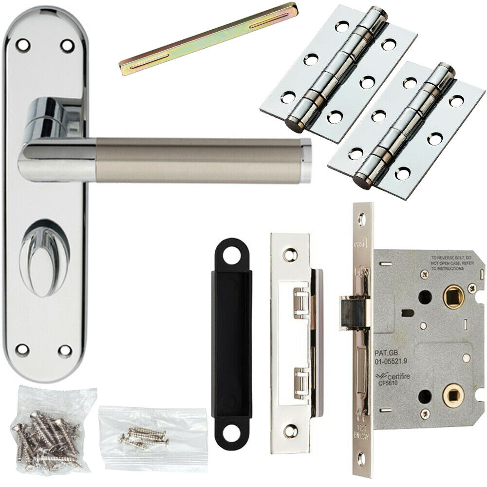 Door Handle & Bathroom Lock Pack Chrome & Satin Nickel Modern Flat Backplate Loops