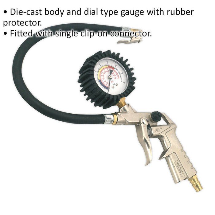 Premium Pistol Grip Tyre Inflator - Clip-On Connector - 0.5m Hose - 1/4" BSP Loops