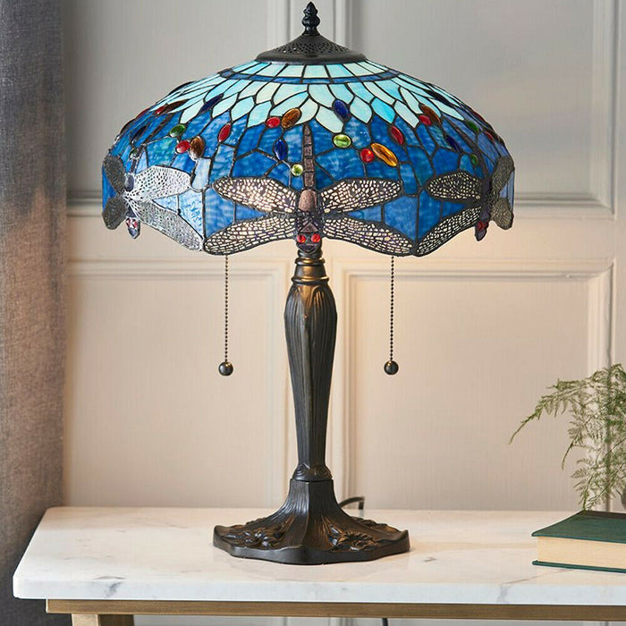 Tiffany Glass Table Lamp Light Dark Bronze Base & Blue Dragonfly Shade i00192 Loops