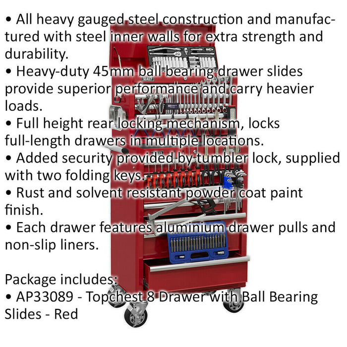 Heavy Duty 15 Drawer Topchest & Rollcab Bundle - 147 Piece Tool Kit - Red Loops