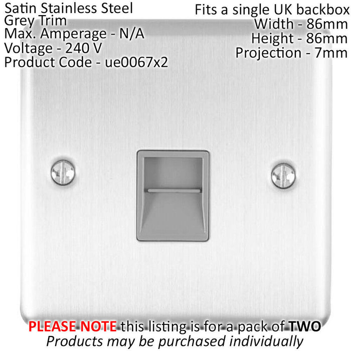 2 PACK BT Telephone Slave Extension Socket SATIN STEEL & Grey Secondary Plate Loops