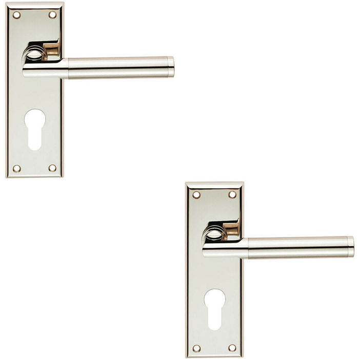 2x Round Bar Section Lever on Euro Lock Backplate 150 x 50mm Dual Nickel Loops