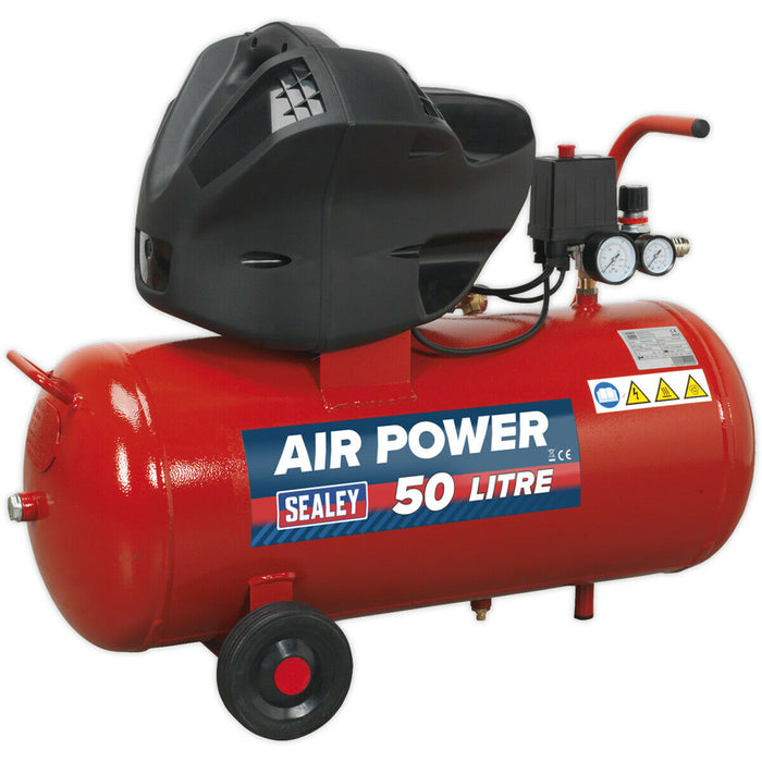 50 Litre Oil Free Air Compressor V-Twin Direct Drive - 3hp Motor - Air Regulator Loops