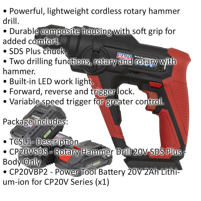 20V Rotary Hammer Drill - SDS Plus Chuck - Includes 2 Batteries & Charger - Bag Loops