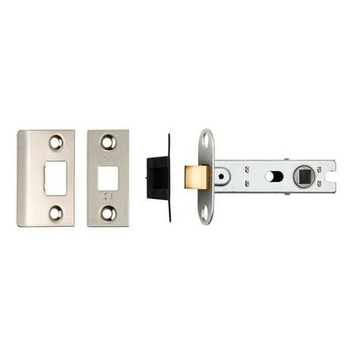 Door Handle & Latch Pack Satin Nickel Curved Safety Lever Screwless Round Rose Loops