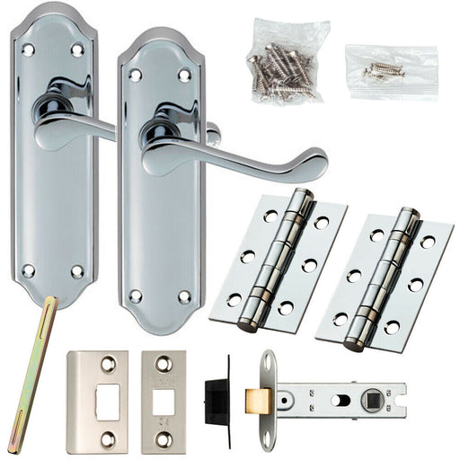 Door Handle & Latch Pack Chrome Victorian Scroll Lever Backplate 168 x 47mm Loops