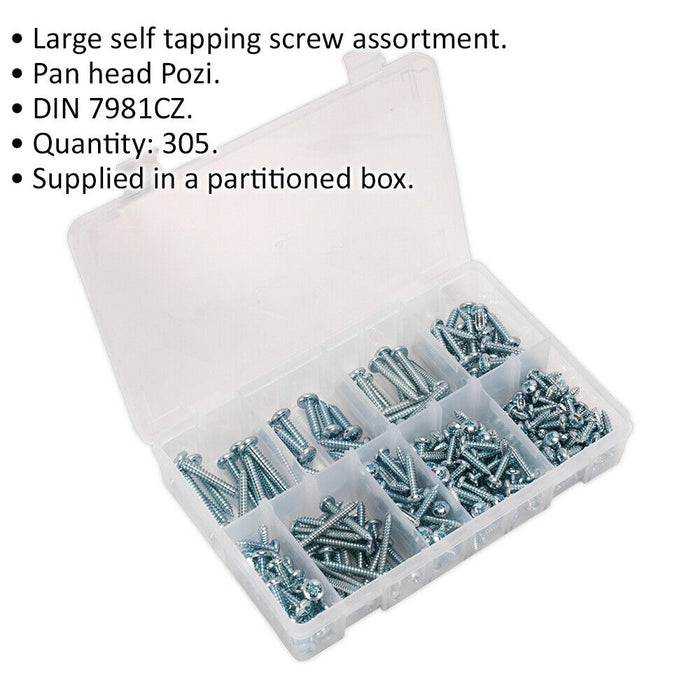 305 PACK Self Tapping Screw Assortment - Zinc Pan Head Pozi - Various Sizes Loops