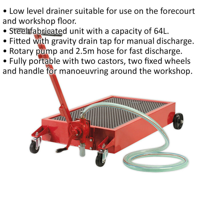 64L Low Level Oil Drainer with Rotary Pump - 2.5m Hose - Fully Portable Loops