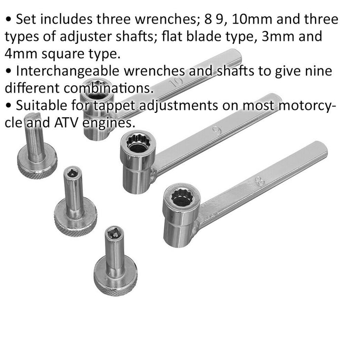 6 Piece Tappet Adjustment Tool Set - Three Interchangeable Wrenches & Shafts Loops