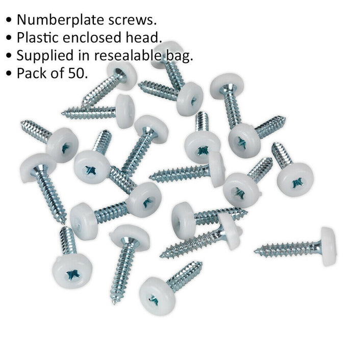 50 PACK 4.8 x 24mm White Numberplate Screw - Plastic Enclosed Head Fixings Loops