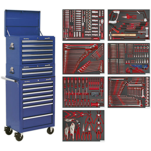 14 Drawer Topchest Mid Box & Rollcab Bundle with 446 Piece Tool Kit - Blue Loops