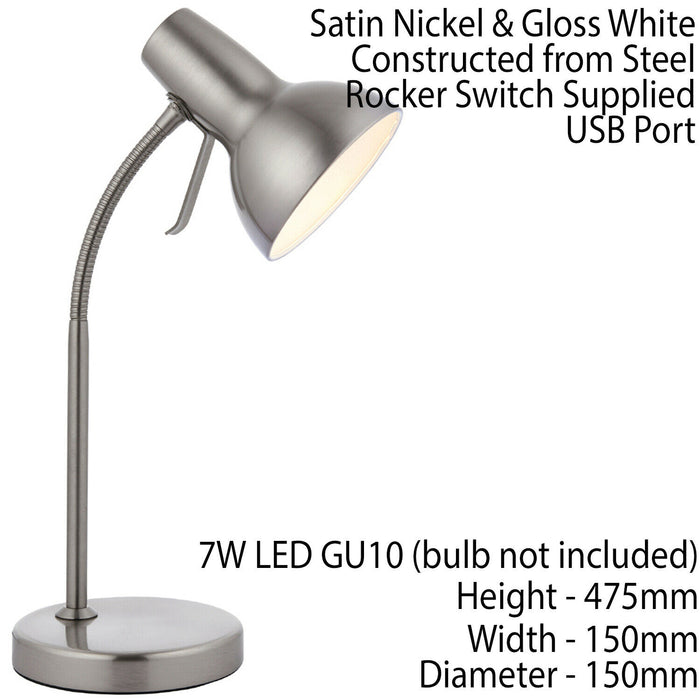 Adjustable Neck Desk Lamp Satin Nickel Industrial Metal Shade Table Work Light Loops