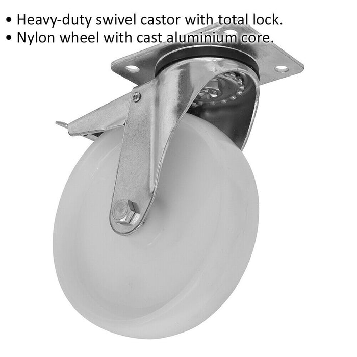 125mm Heavy Duty Swivel Plate Nylon Castor Wheel - 38mm Tread - Total Lock Brake Loops