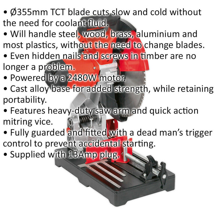 Cut-Off Saw Machine - 355mm TCT Blade - 2480W Motor - 1450 RPM - 230V Supply Loops