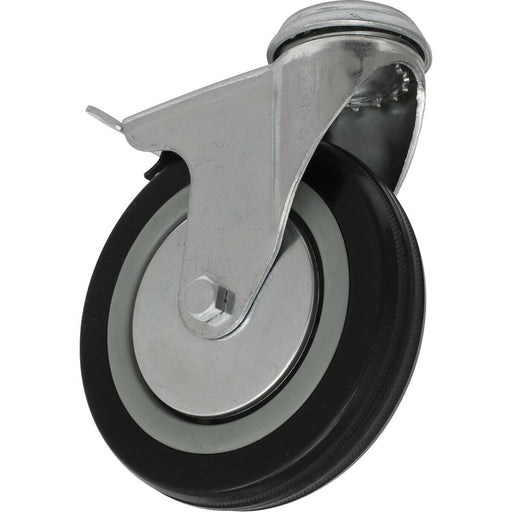 125mm Swivel Bolt Hole Castor Wheel with Brake - 27mm Rubber Tread Steel Centre Loops