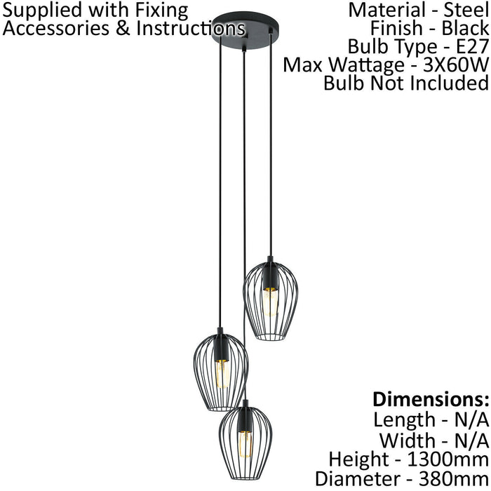 Hanging Ceiling Pendant Light Black Wire Cage 3x 60W E27 Hallway Feature Lamp Loops