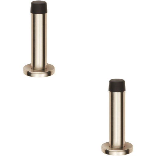 2x Rubber Tipped Doorstop Cylinder with Rose Wall Mounted 71mm Satin Nickel Loops
