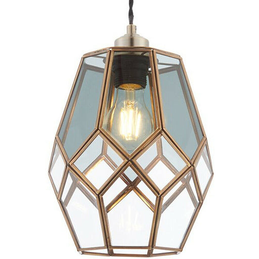Hanging Ceiling Pendant Light Shade Brass & Clear Smoked Glass Geometric Cage Loops