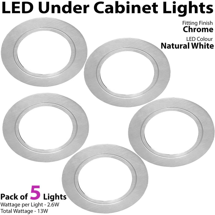 5x 2.6W LED Kitchen Cabinet Spot Light & Driver Flush Chrome Natural Cool White Loops