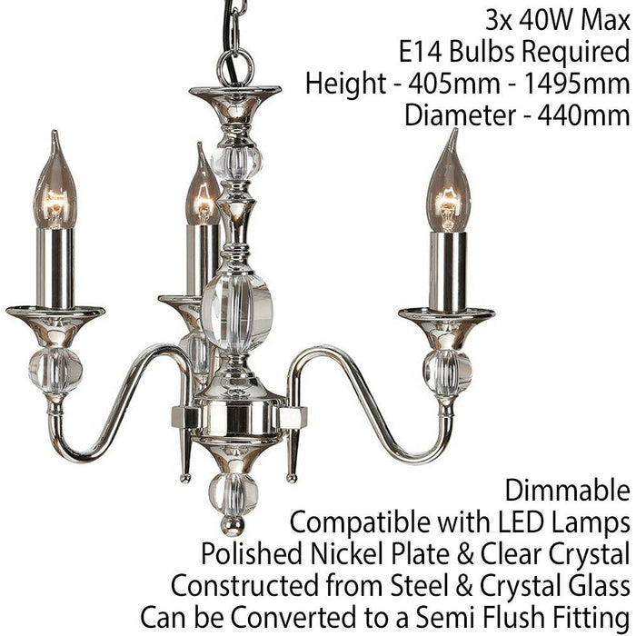 Diana Ceiling Pendant Chandelier Bright Nickel & K9 Crystal Curved 3 Lamp Light Loops