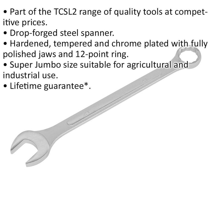 41mm Large Combination Spanner - Drop Forged Steel - Chrome Plated Polished Jaws Loops