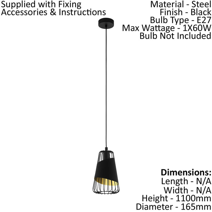 Hanging Ceiling Pendant Light Black & Gold 1x 60W E27 Hallway Feature Lamp Loops