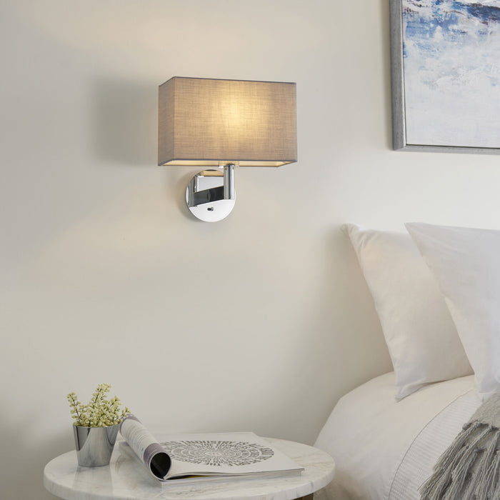 Wall Light & Shade Chrome Plate & Grey Fabric 60W E27 Living Room e10658 Loops