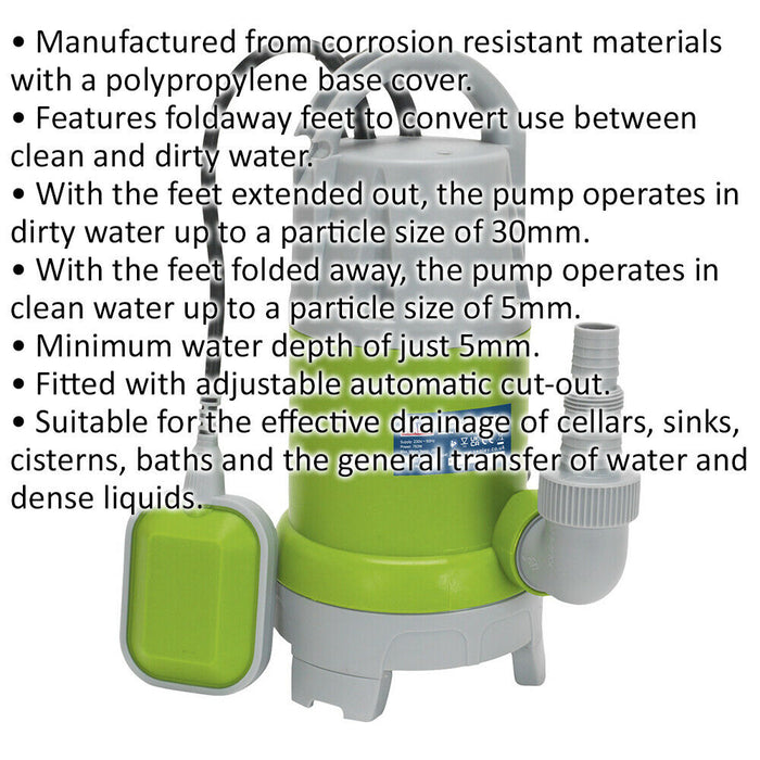Submersible Clean & Dirty Water Pump - 217L/Min - Automatic Cut Out - 230V Loops